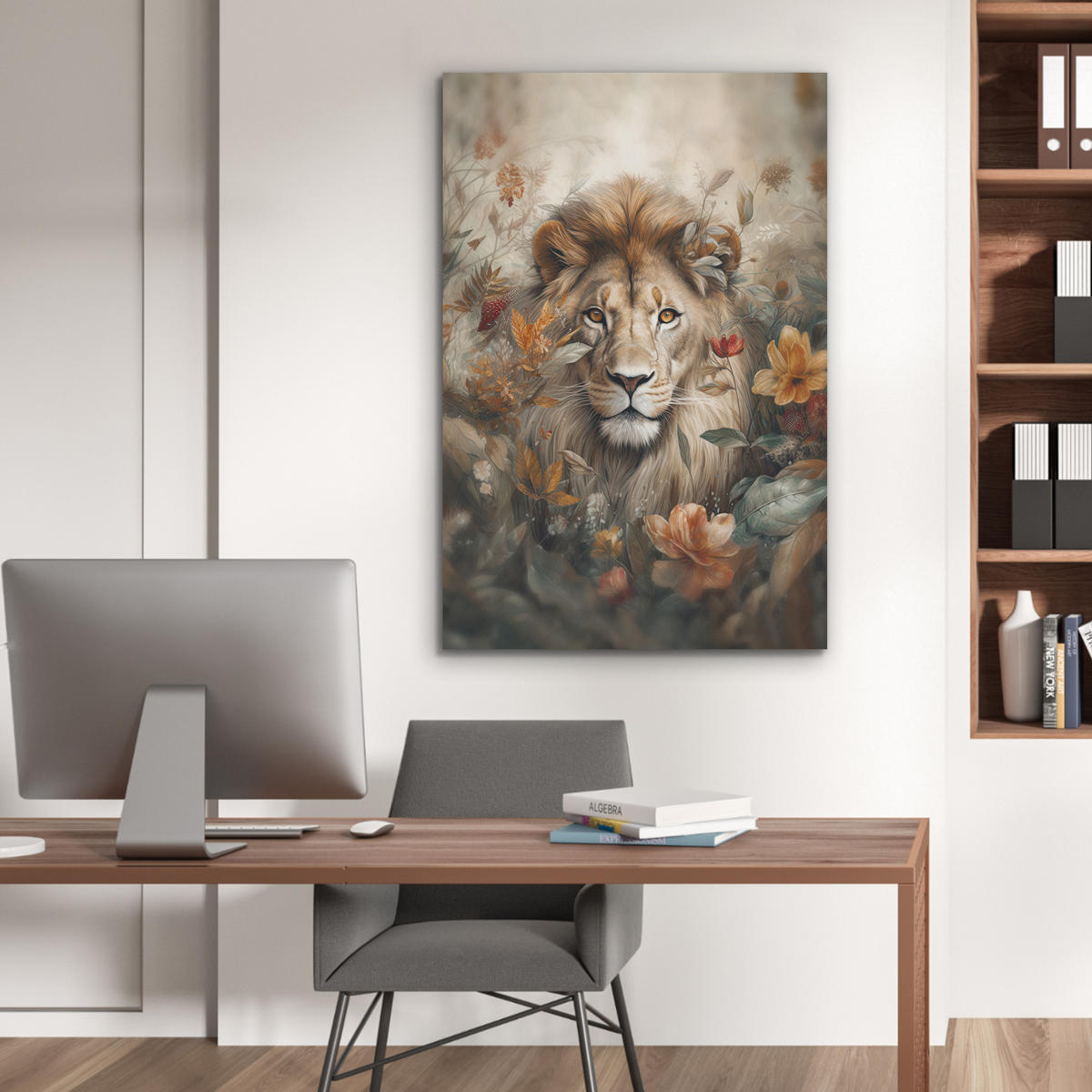 AKUSTIKPANEEL Löwe - Wildtiere - Pflanzen - Natur - Blumen 70x100 cm - Beige, Textil (70/0.9/100cm) - MuchoWow