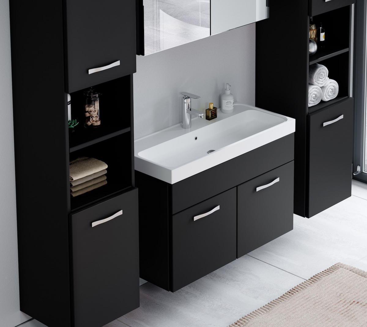 BADMÖBEL-SET Paso LED 5 Teile Schwarz Matt - 80 x 35 x 55 cm - Schwarz, Holz (80/55/40cm) - Badplaats