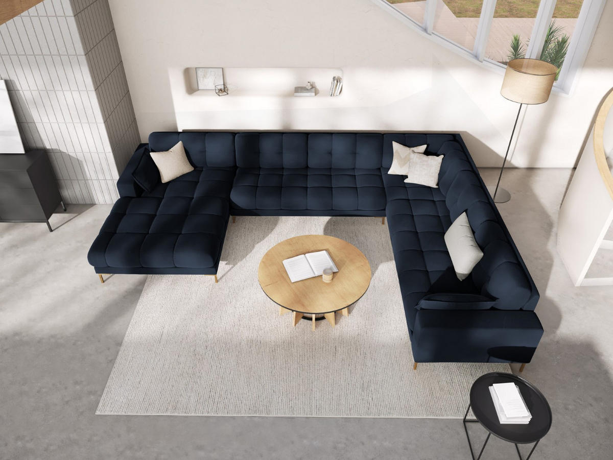 PANORAMASOFA rechts Mamaia aus Samt dunkelblau 7 Sitzplätze - Blau, Textil (256/75/327cm) - Micadoni