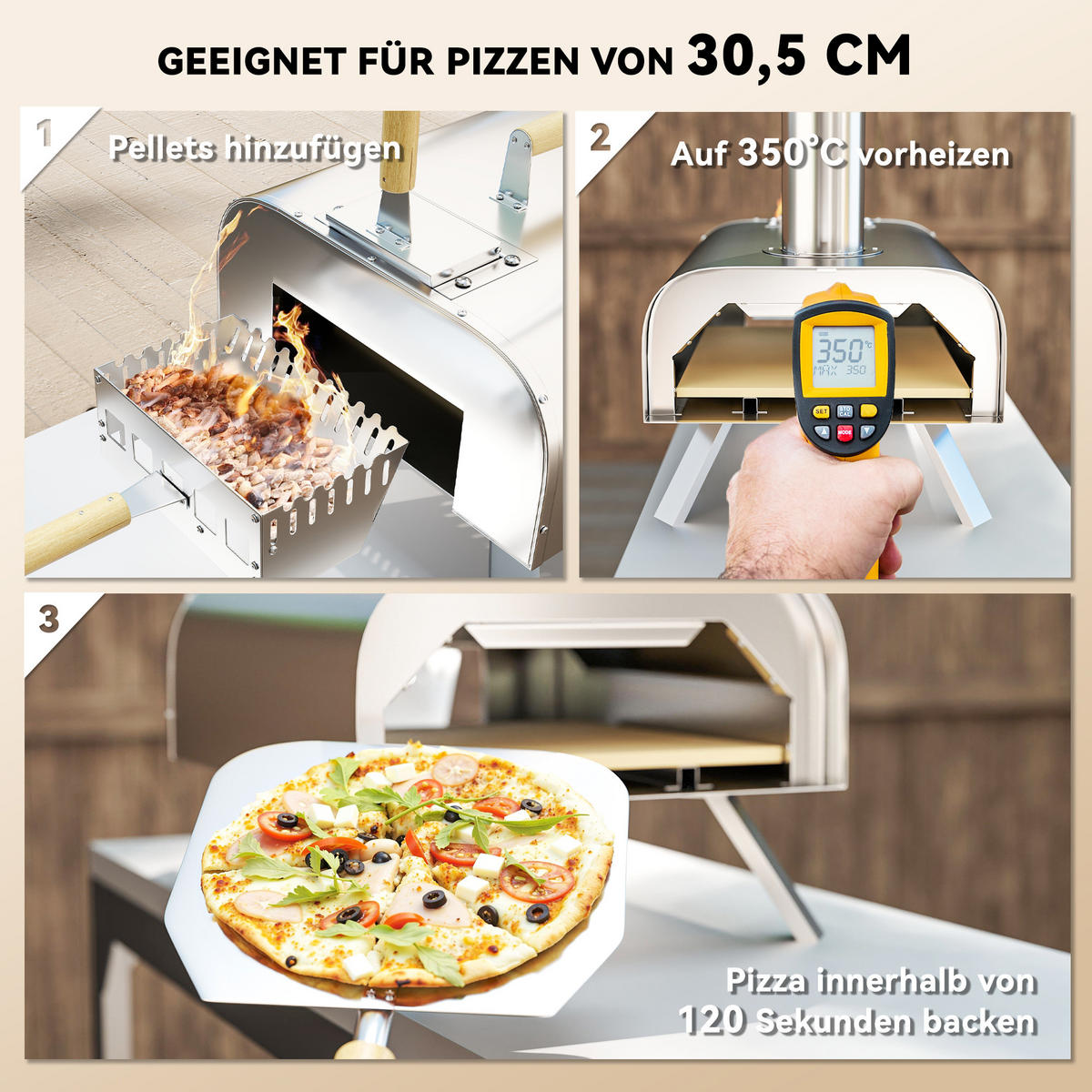 PIZZAOFEN DE-10051 mit Pizzastein und Schaufel Edelstahl - Silberfarben, Metall (36/75/79cm) - ComfortXL