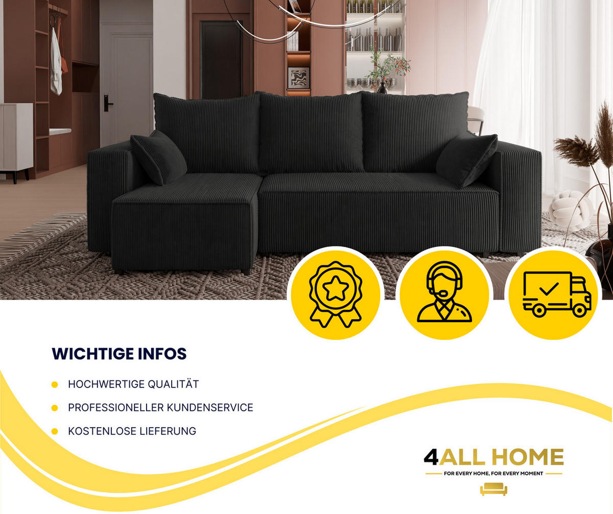 ECKSOFA Tobi mit Bettkasten und Schlaffunktion, L-Form, Cordstoff, Universal - Anthrazit, Holzwerkstoff (246/145cm) - 4ALL HOME