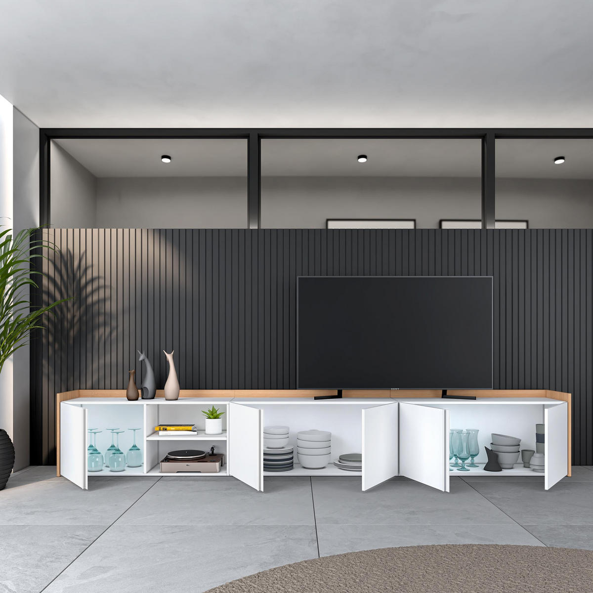 LOWBOARD, Weiß und Eiche, 309/35/50cm - Weiß, Holzwerkstoff (309/50/35cm) - Skraut Home