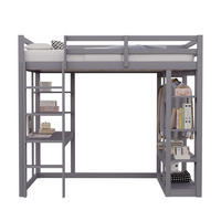HOCHBETT 140/200 cm in Grau mit Schreibtisch, Regalen und Garderobe aus Massivholz - Grau, Holz (140/200cm) - STILVORA