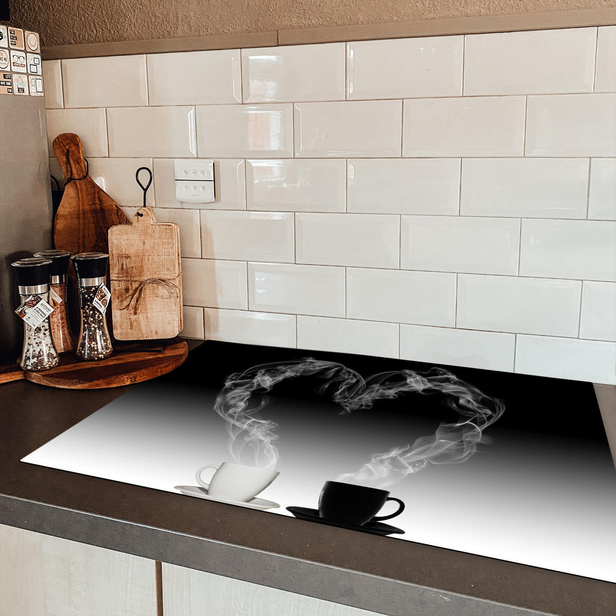 HERDABDECKPLATTE Kaffee - Herz - Schwarz und weiß - Tassen 81x52 cm - Weiß, Kunststoff (81.6/0.2/52.7cm) - MuchoWow