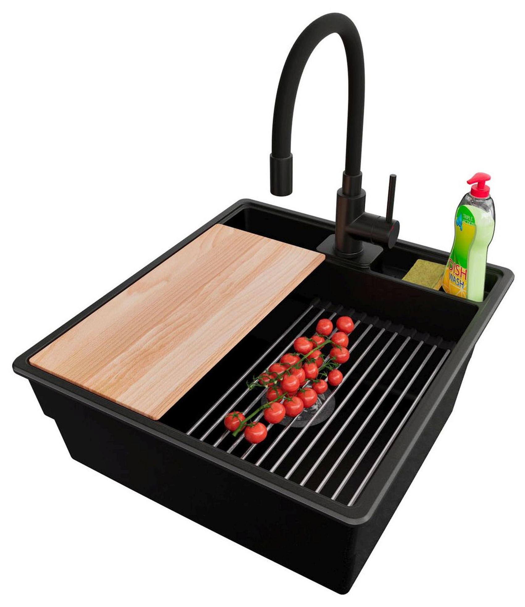 GRANITSPÜLE New York, 2-er set Schwarz 48/53 cm 1 Becken + Küchenarmatur 40/38 cm + Ablauf-Set + Küchenzubehörset ab 50er Unterschrank - Chromfarben/Beige, Kunststoff (48/20/53cm) - Primagran