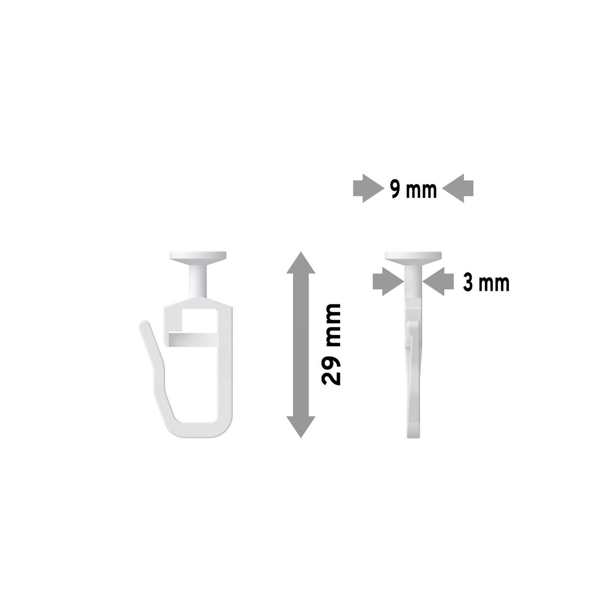 FALTENGLEITER RUNDKOPF 9 MM Ø MIT FALTENHAKEN für Innenläufe / Gardinenschienen bis Nutbreite 5,6 mm, Packung 100 Stück - Weiß, Kunststoff (1.1/2.9/1cm) - INTERDECO