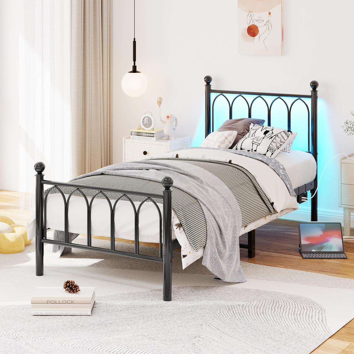METALLBETT 90x200 cm LED USB Vintage schwarz - Schwarz, Holzwerkstoff (90/200cm) - LEBENLANG