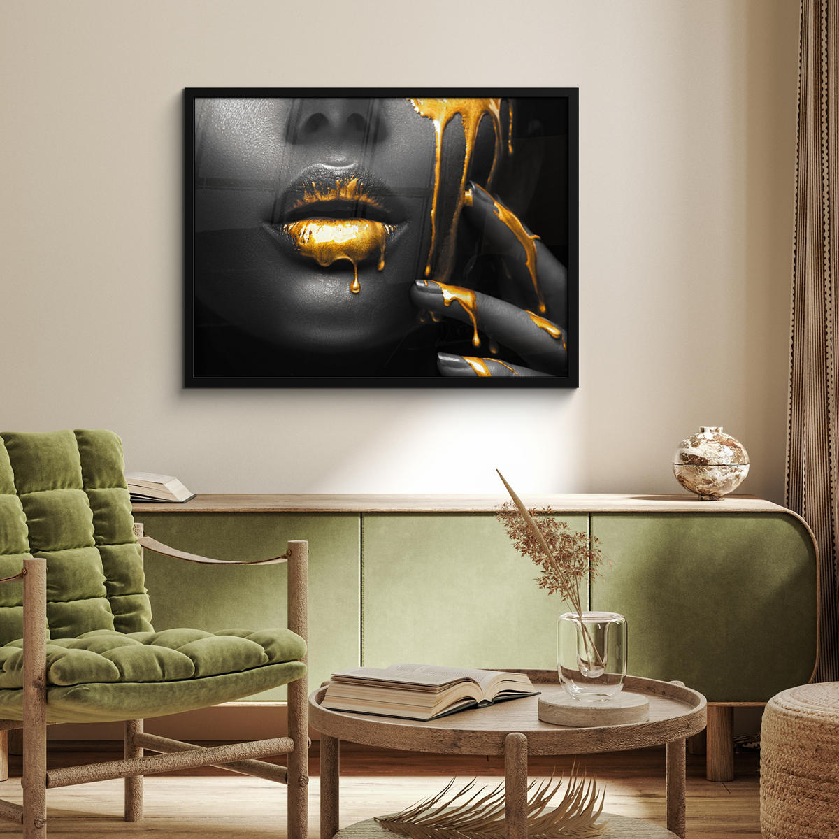 ZARÁMOVANÝ PLAGÁT Žena - čierna - zlatá - tvár - pery 80x60 cm - zlatá, papier (80/60cm) - MuchoWow