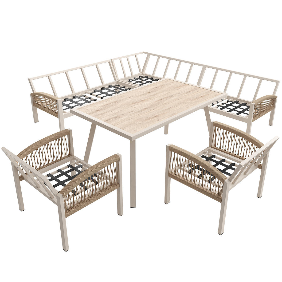 GARTENSETS aus Eisen 234x63x86cm Beige mit Holzoptik-Sicherheitsglas-Tisch - Beige, Metall - Modfu
