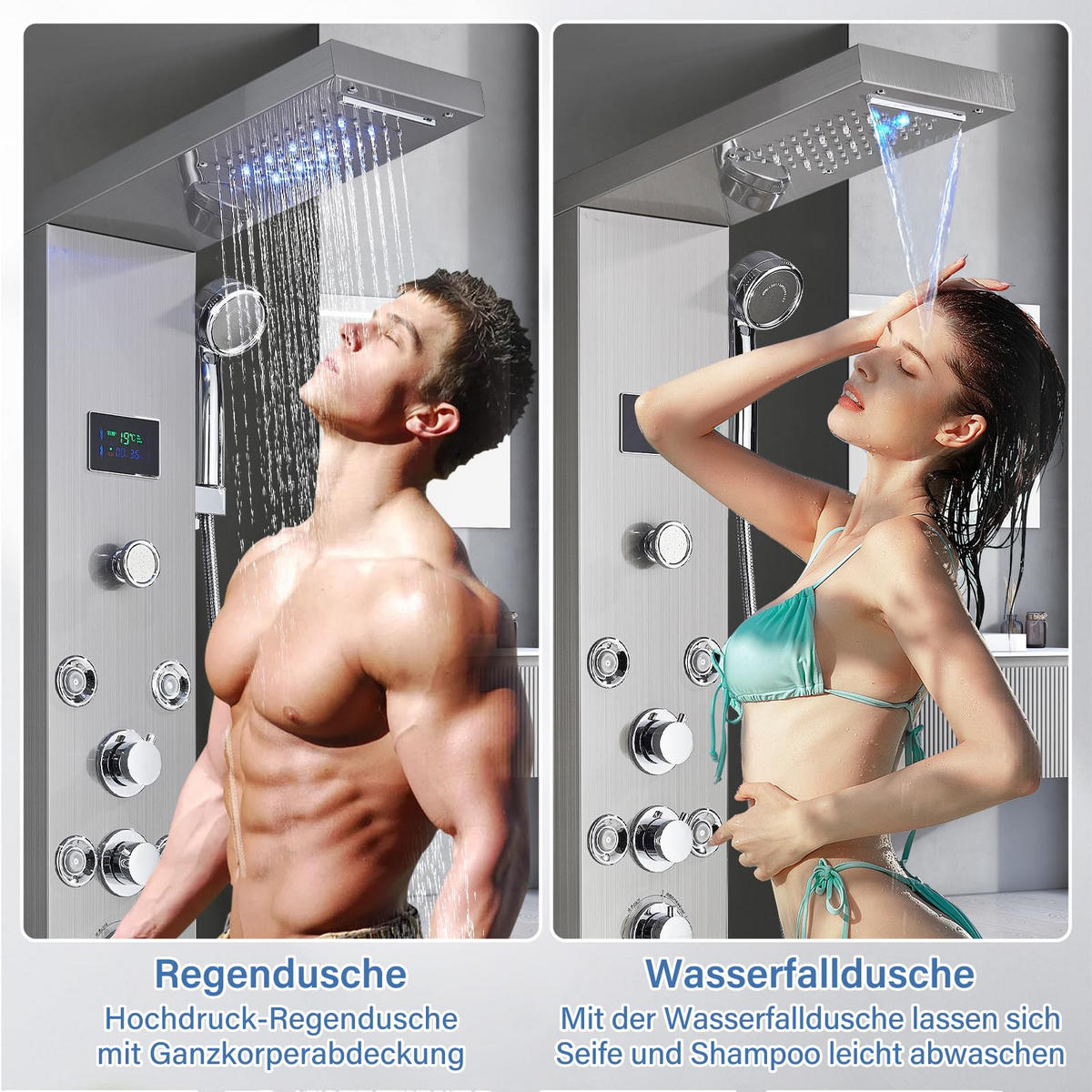 ÜBERKOPFBRAUSESET Edelstahl gebürstet Hydromassage 8 Jets Temperaturanzeige - Silberfarben, Metall (20/122/46cm) - Kaket
