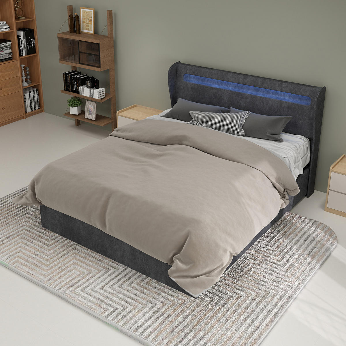 ČALÚNENÁ posteľ 140/200 cm s LED osvetlením a nastaviteľným čelom, Sivá - sivá, textil (140/200cm) - Redom