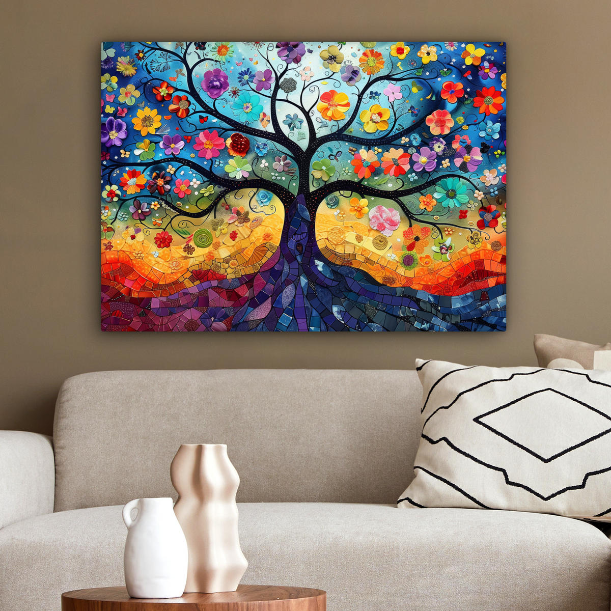 LEINWANDBILD Kunst - Baum des Lebens - Blumen - Hippie Wandbilder 80x60 cm - Dunkelblau, Textil (80/60cm) - MuchoWow