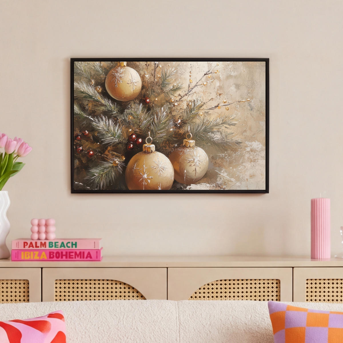 LEINWAND Bilder mit Rahmen - Weihnachten - Kugeln - Beige - Gold - 60x40 - Goldfarben, Textil (60/40cm) - MuchoWow