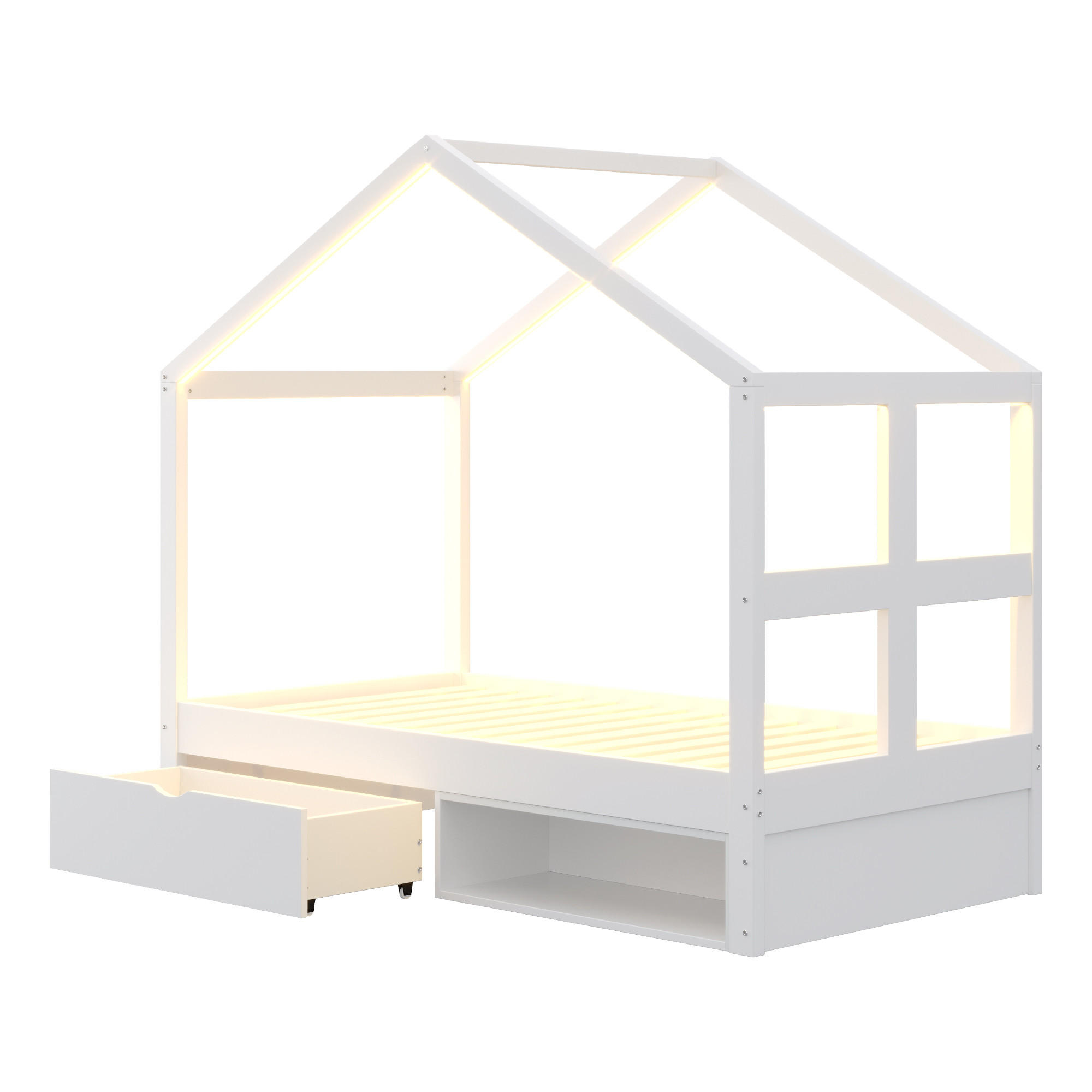 HAUSBETT 90/190 cm DE-01554, in Weiß, mit Schubladen, Schuhschrank und LED-Beleuchtung - Weiß, Holzwerkstoff (90/190cm) - ComfortXL