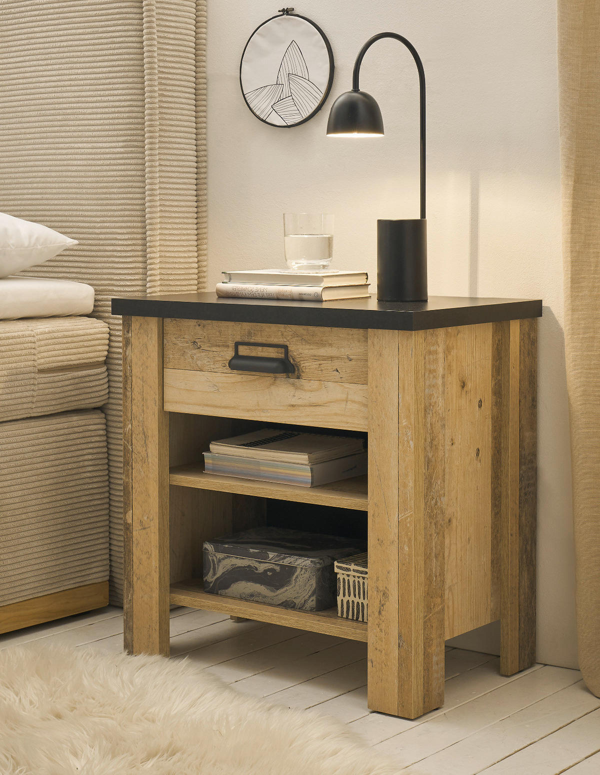 NACHTTISCH Used Wood hell, dunkles Grau 60 x 61 cm, Nachtkommode mit Schubkasten und Soft-Close - Dunkelgrau/Schwarz, Holzwerkstoff/Kunststoff (60/61/39cm) - Furn.Design