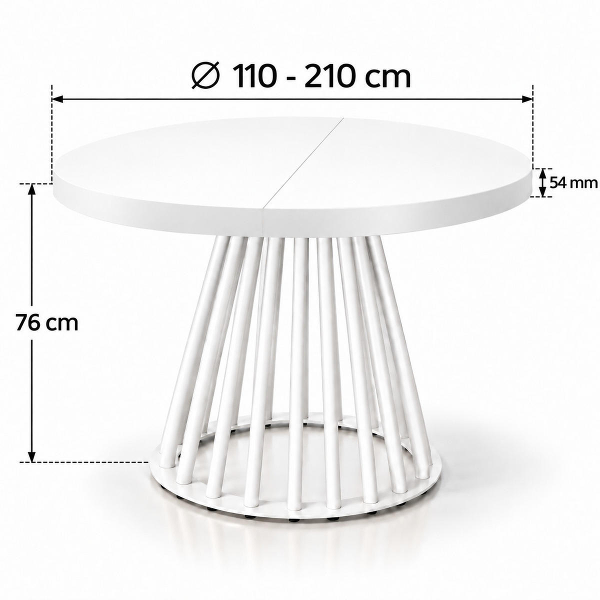 ESSTISCH rund ausziehbar 110/210/76 cm, Weiß, 54 cm Tischplatte + Lamellen-Metallgestell Weiß - Weiß, Holzwerkstoff/Metall (110/210/76cm) - Damale Möbel
