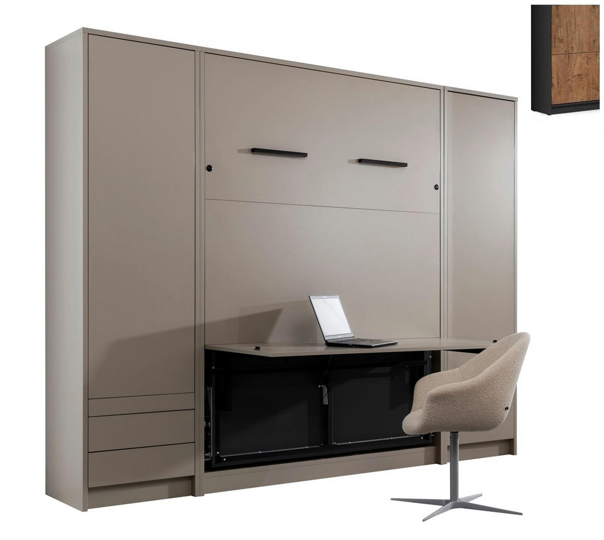 SCHRANKBETT Wandbett vertikal GN 140x200 mit Schreibtisch, LED & 2 Schränken - 3-teilig - Eiche Lancelot & Schwarz - Schwarz/Braun, Holzwerkstoff (140/200cm) - QMM TraumMöbel