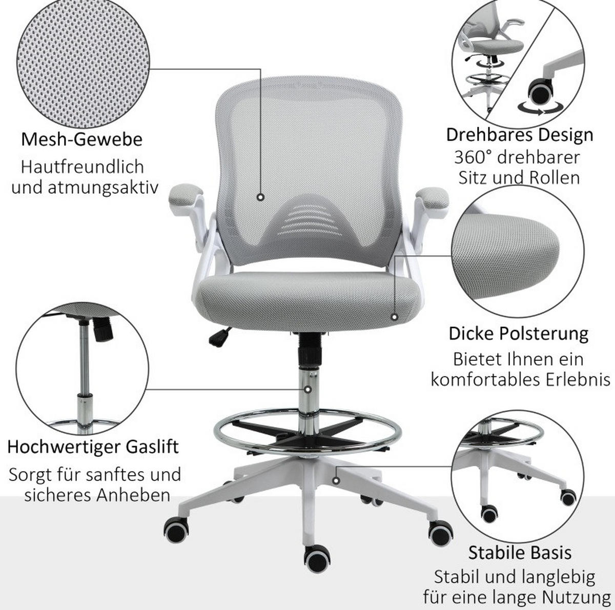 BÜROSTUHL ergonomisch höhenverstellbar Light Gray - Hellgrau, Kunststoff (60/126/64cm) - Meubliv