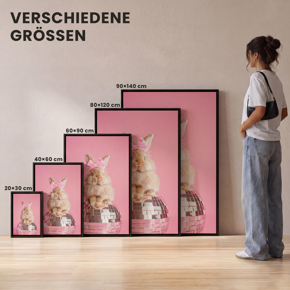 LEINWAND Bilder mit Rahmen - Schleife - Discoball - Kaninchen - 20x30 - Pink, Textil (20/30cm) - MuchoWow