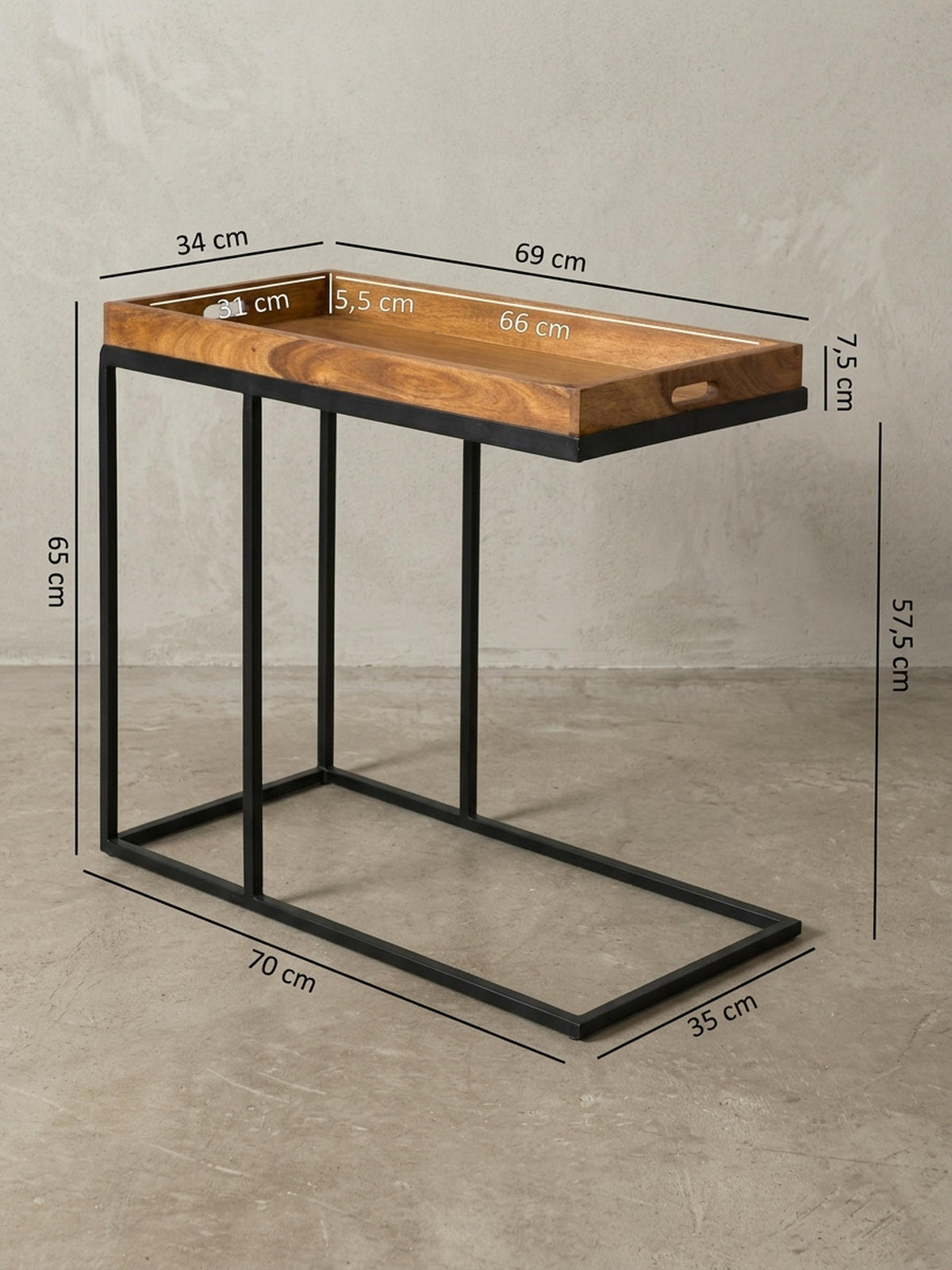 BEISTELLTISCH – Massivholz Metall platzsparend vielseitig - Schwarz/Braun, Holz/Metall (34/70/65cm) - KADIMA DESIGN