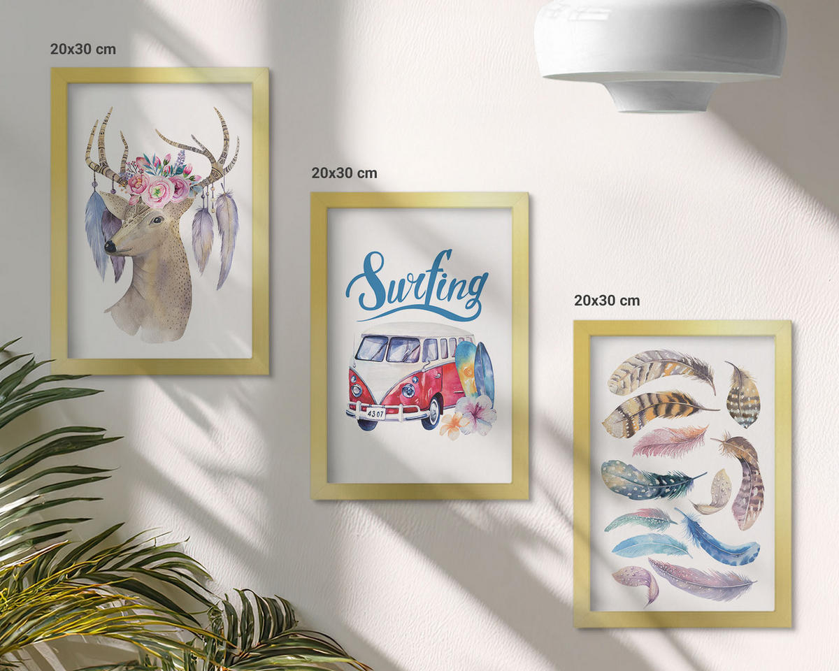 BILDER SET 3er Set - 20x30 cm Goldrahmen - Blumenwagen mit Geweih - Goldfarben, Kunststoff (20/30cm) - TULUP