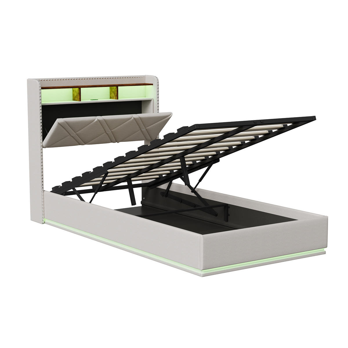 POLSTERBETT 90/200 cm Beige mit hydraulischem Stauraum, LED mit Ablage und USB - Beige, Metall (90/200cm) - EuroLiving