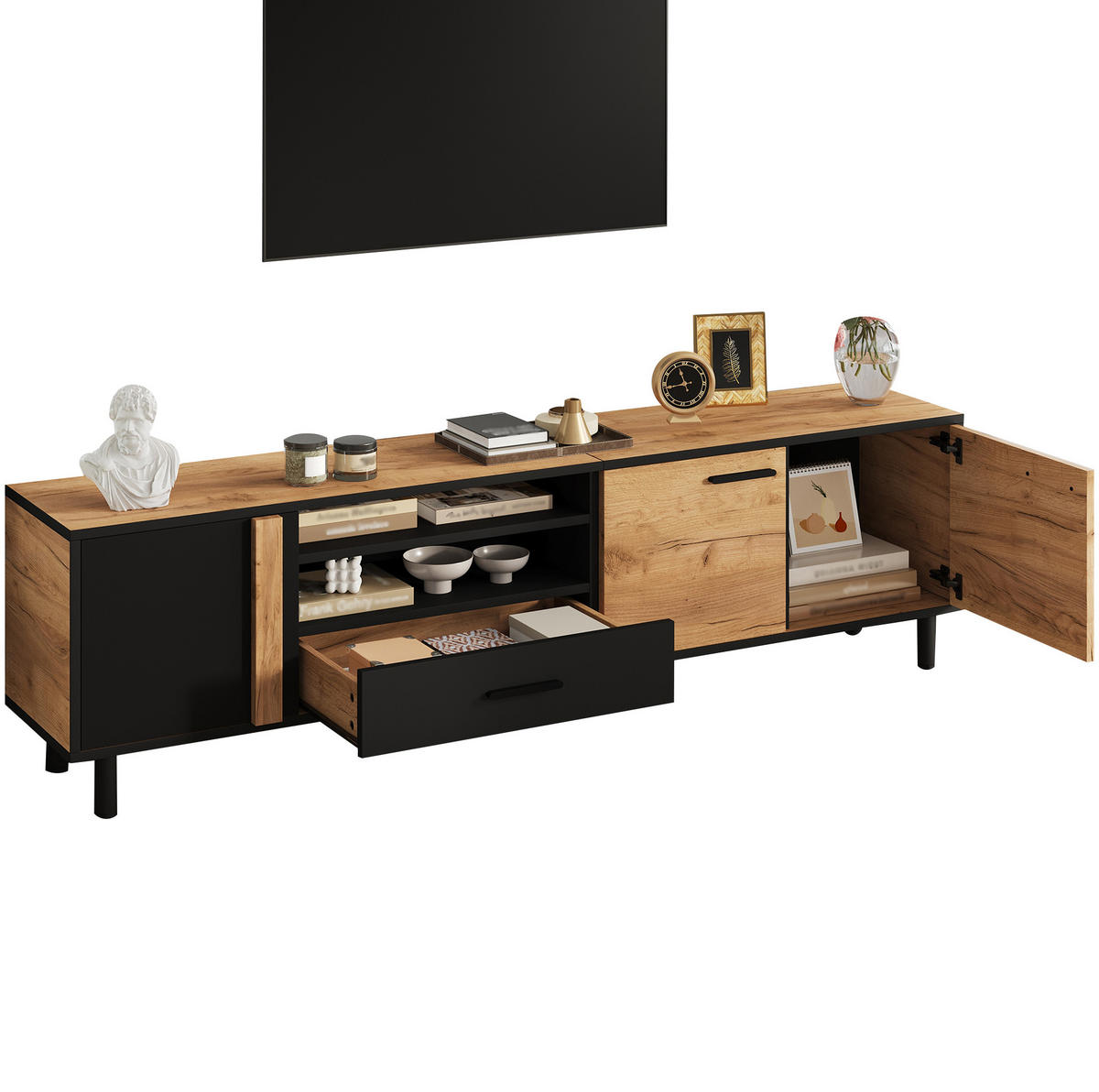 TV-LOWBOARD 180/32,5/50 cm schwarz-Holzoptik aus Spanplatte mit 3 Türen - Schwarz, Holzwerkstoff (180/50/32.5cm) - OKWISH
