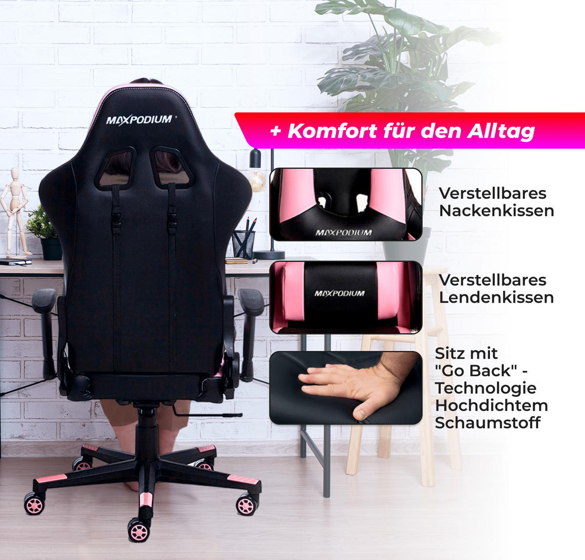 GAMING-BÜROSTUHL TACTICAL Schwarz Rosa - Pink/Schwarz, Kunststoff/Metall (55/137/50cm) - MaxPodium
