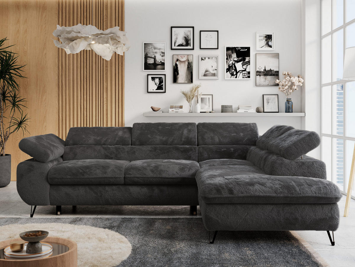 ECKSOFA PETER L Anthrazit Plüsch - Rechts Seite - Anthrazit/Schwarz, Textil/Metall (273/208cm) - MKS