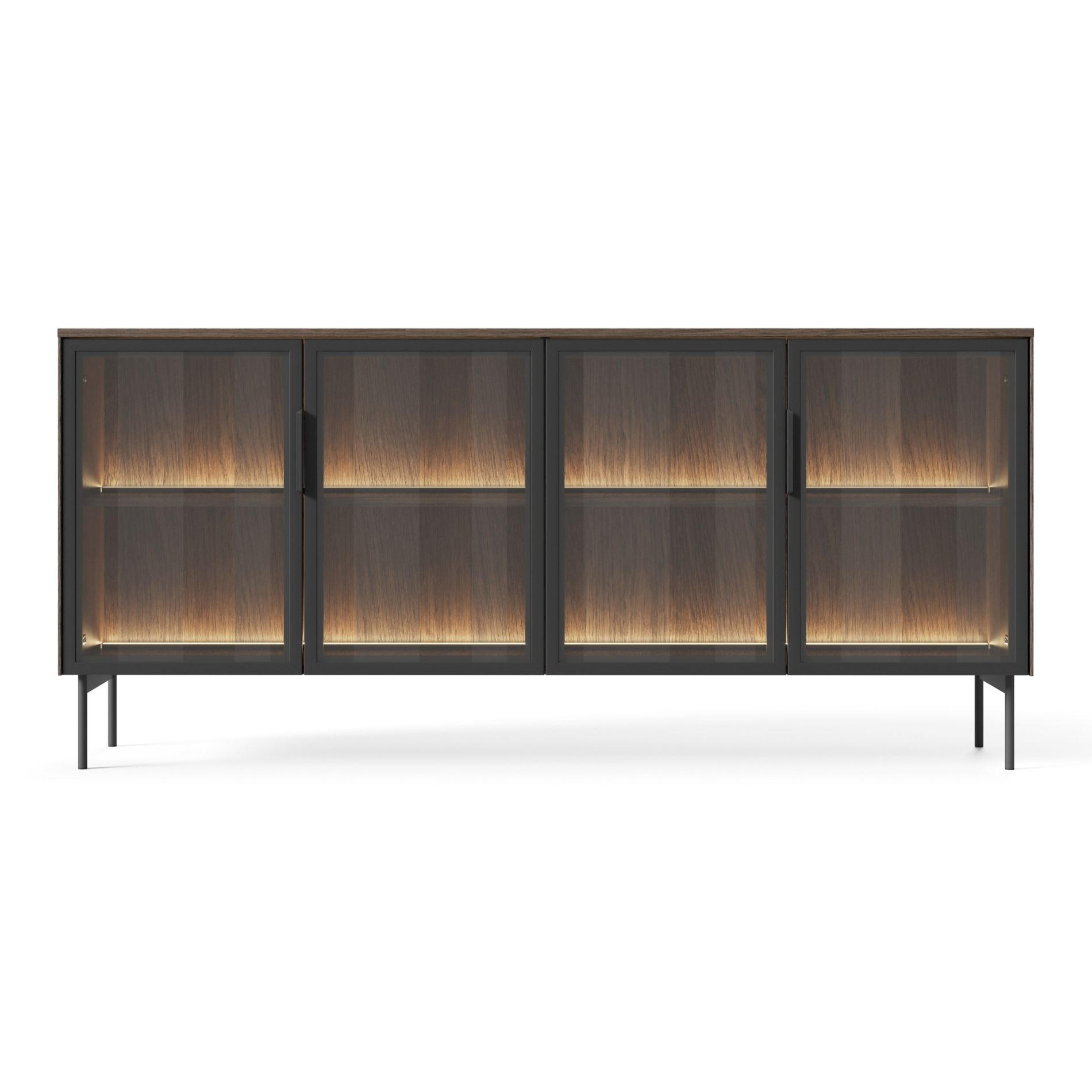 SIDEBOARD Lumi 4-türig mit Glasfronten Eiche Dunin 181 cm - Dunkelbraun/Schwarz, Holzwerkstoff/Metall (181.3/82.6/39.3cm) - Selsey