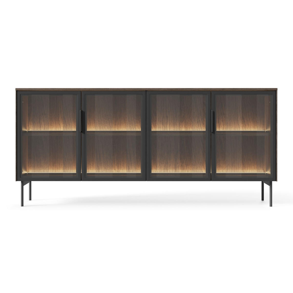 SIDEBOARD Lumi 4-türig mit Glasfronten Eiche Dunin 181 cm - Dunkelbraun/Schwarz, Holzwerkstoff/Metall (181.3/82.6/39.3cm) - Selsey