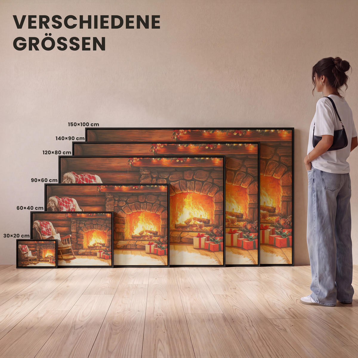 LEINWAND Bilder mit Rahmen - Winter - Weihnachten - Zuhause - Kamin - 120x80 - Bernsteinfarben, Textil (120/80cm) - MuchoWow