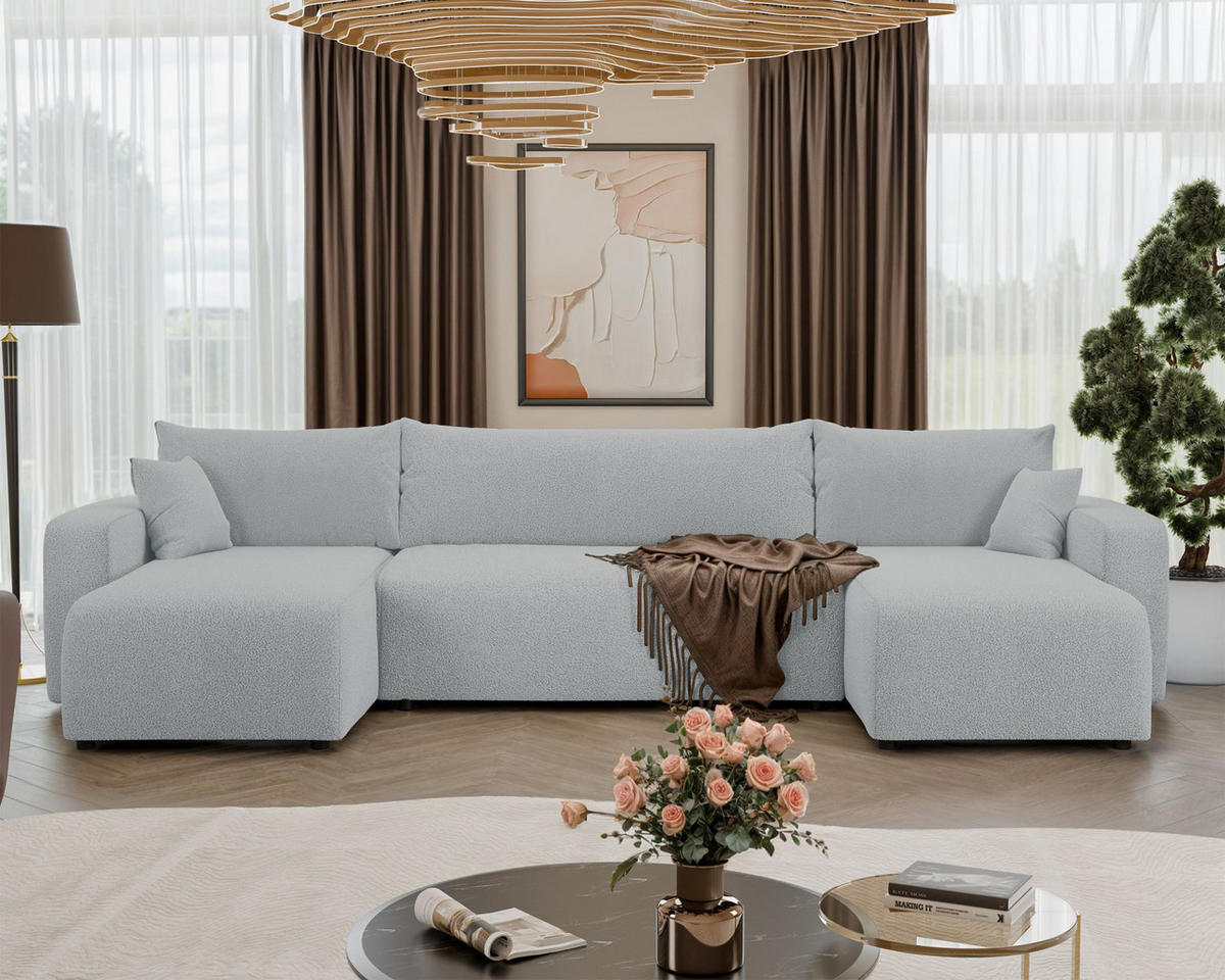 WOHNLANDSCHAFT Pianoni Hellgrau Bouclé-Bezug - Hellgrau/Schwarz, Kunststoff/Textil (312/83/140cm) - Selsey
