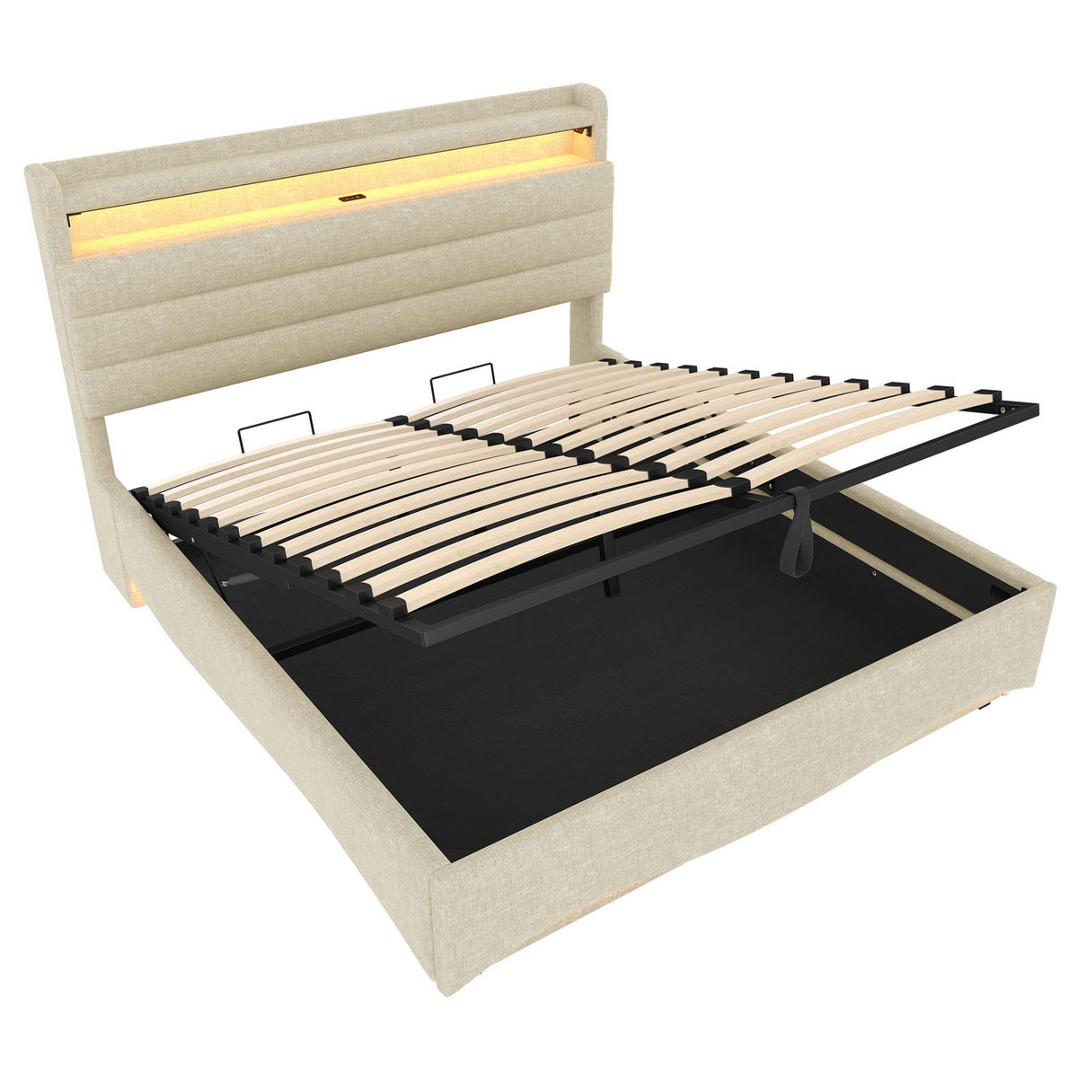 POLSTERBETT 140/200 cm mit LED-Beleuchtung und Bettkasten, Leinenbezug Grau - Grau, Textil (140/200cm) - BEAOK