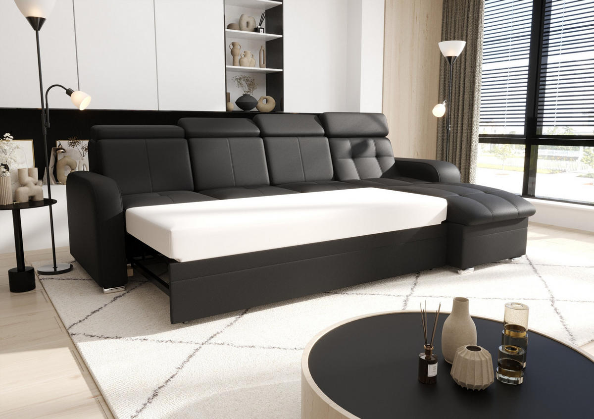 ECKSOFA KONGO RBN10, Eckcouch in L-Form mit Schlaffunktion, Farbe: Schwarz, Kunstleder, Ottomane Rechts - Schwarz, Textil (315/169cm) - O-Sofa