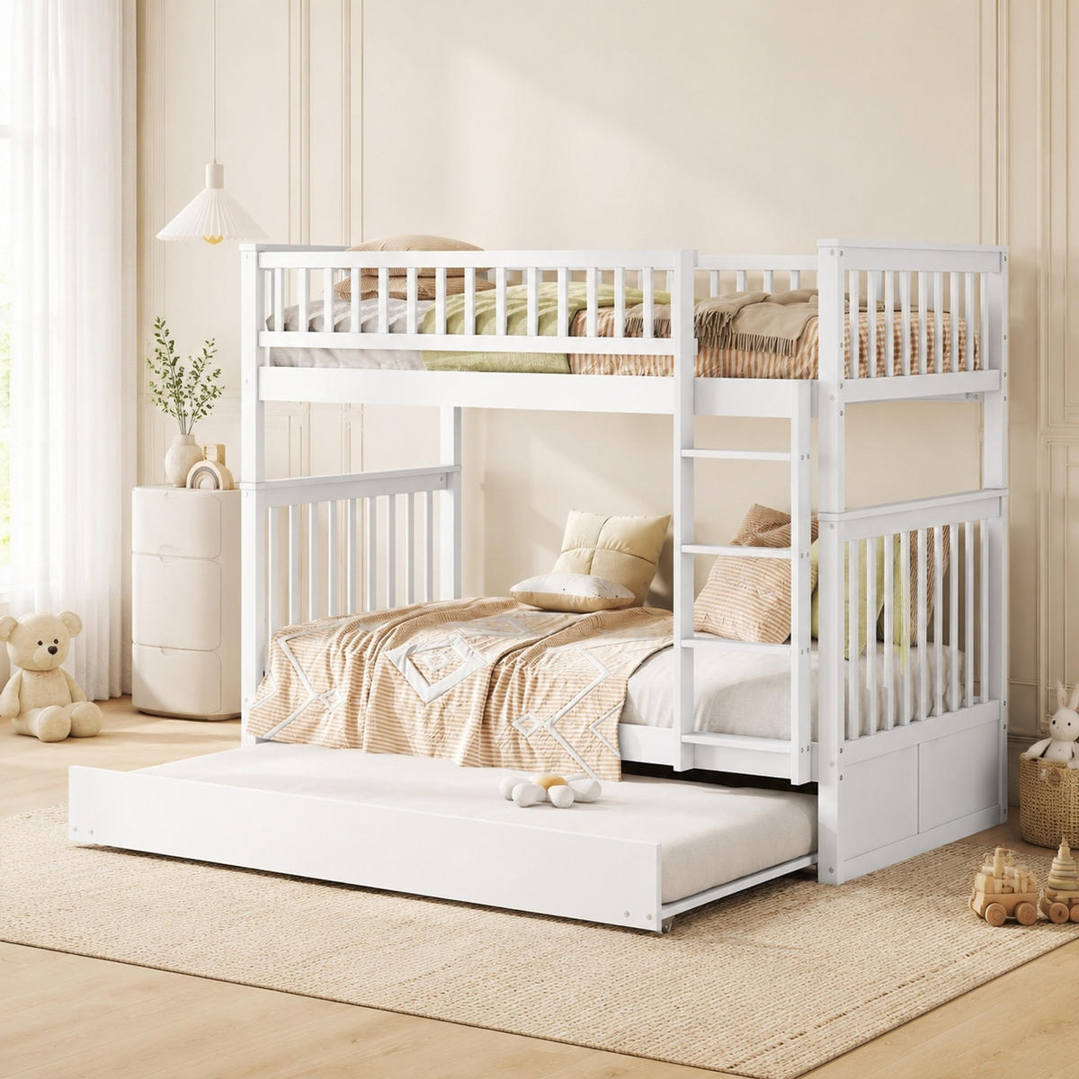 ETAGENBETT 90/200 mit Ausziehbett, abnehmbarem Unterbett und hohem Geländer in Weiß - Weiß, Holzwerkstoff (90/200cm) - EVRYAE