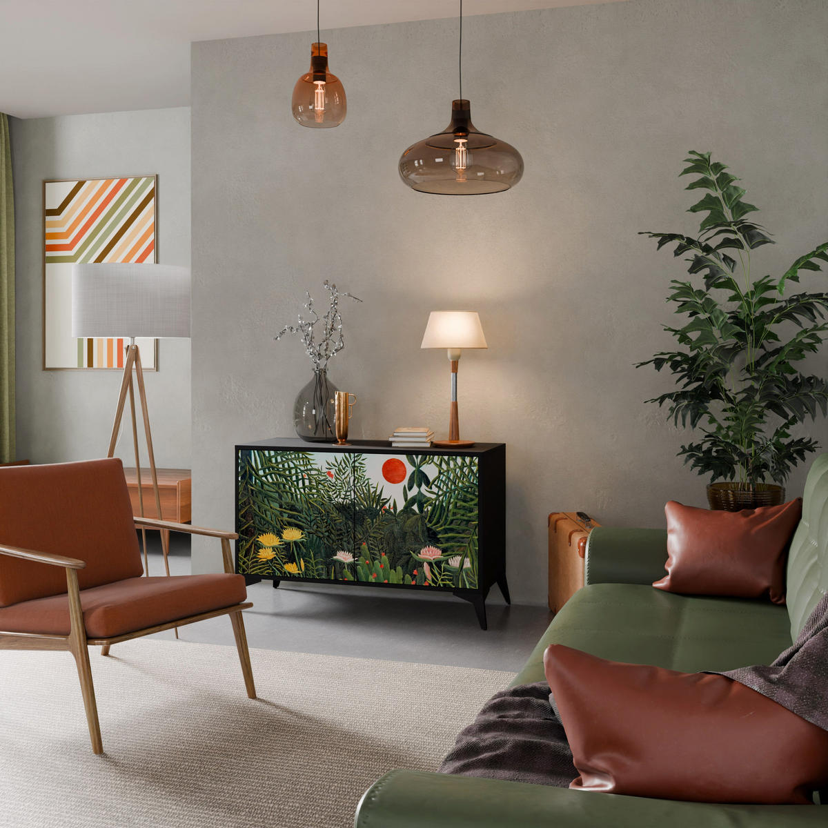 SIDEBOARD VIRGIN FOREST WITH SUNSET, Eicheneffekt, 111x42x77,5 cm, 2 Türen - Eichefarben/Buchefarben, Holzwerkstoff/Buchenholz (111/77.5/42cm) - SpaceRebels
