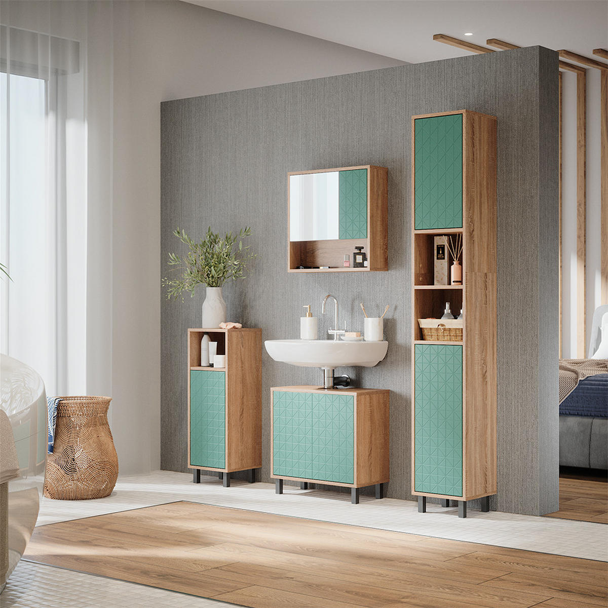 BADMÖBEL-SET Agasta Mintgrün 4 Teile, mit Hochschrank und Kommode - Mintgrün/Sonoma Eiche, Holzwerkstoff (56/57/28cm) - Vicco
