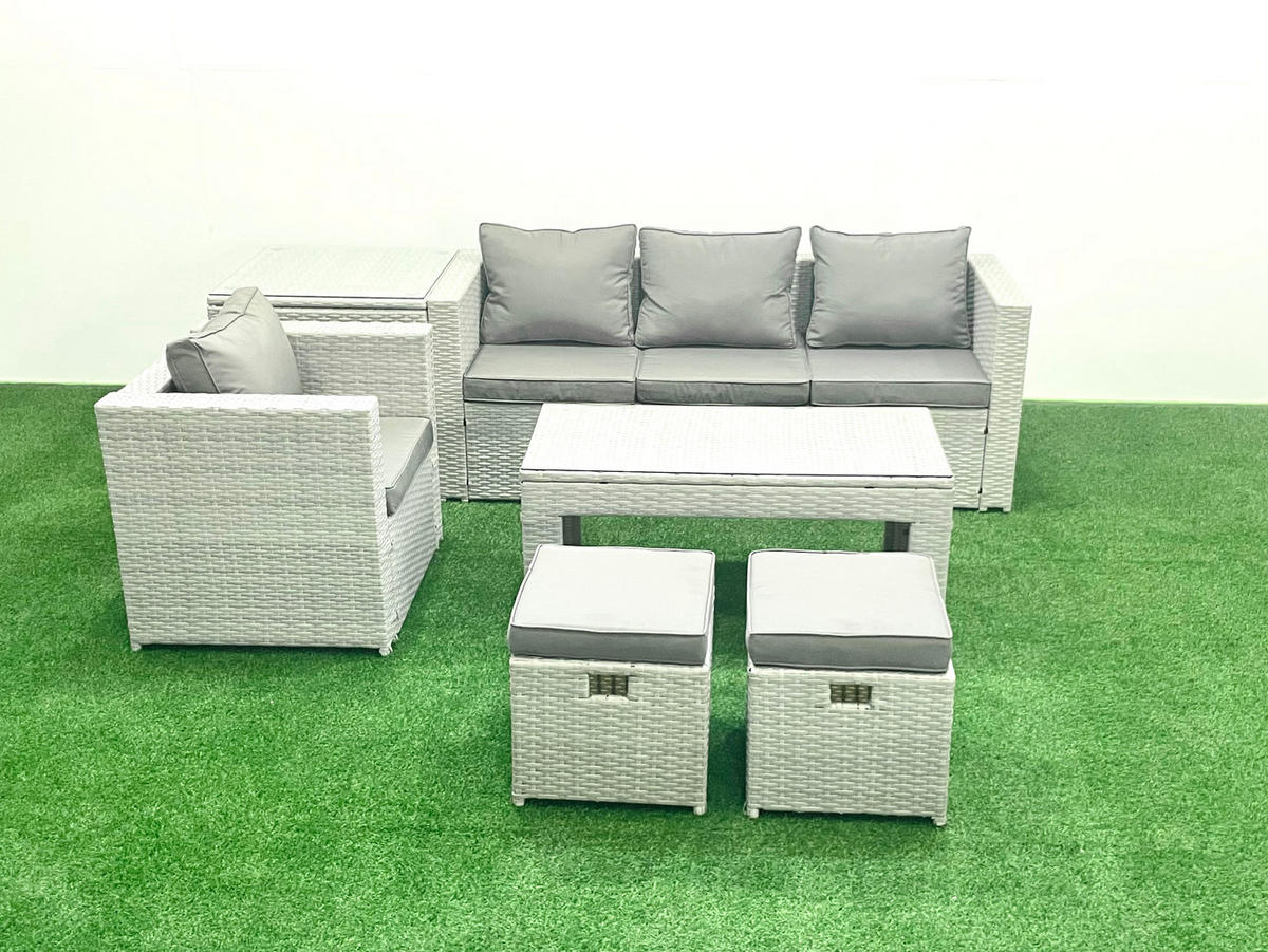 BALKONMÖBEL-SET Polyrattan Hellgrau-Mix 6-teilig - Hellgrau/Grau, Glas/Kunststoff - Fimous
