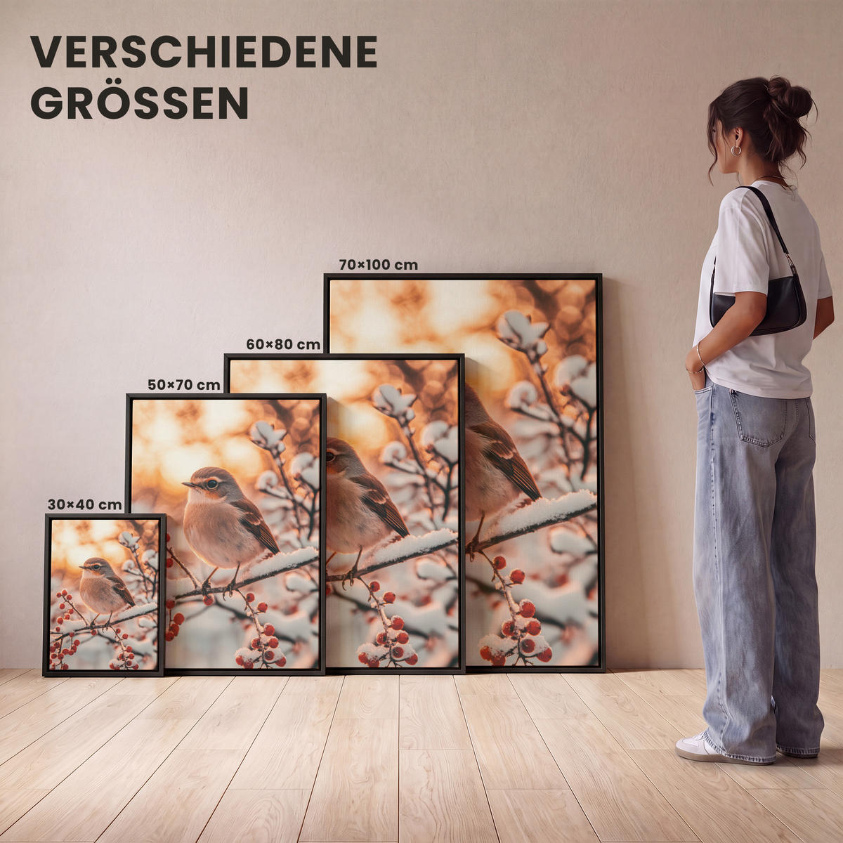 LEINWAND Bilder mit Rahmen - Vogel - Zweig - Winter - Tiere - Schnee - 30x40 - Bernsteinfarben, Textil (30/40cm) - MuchoWow