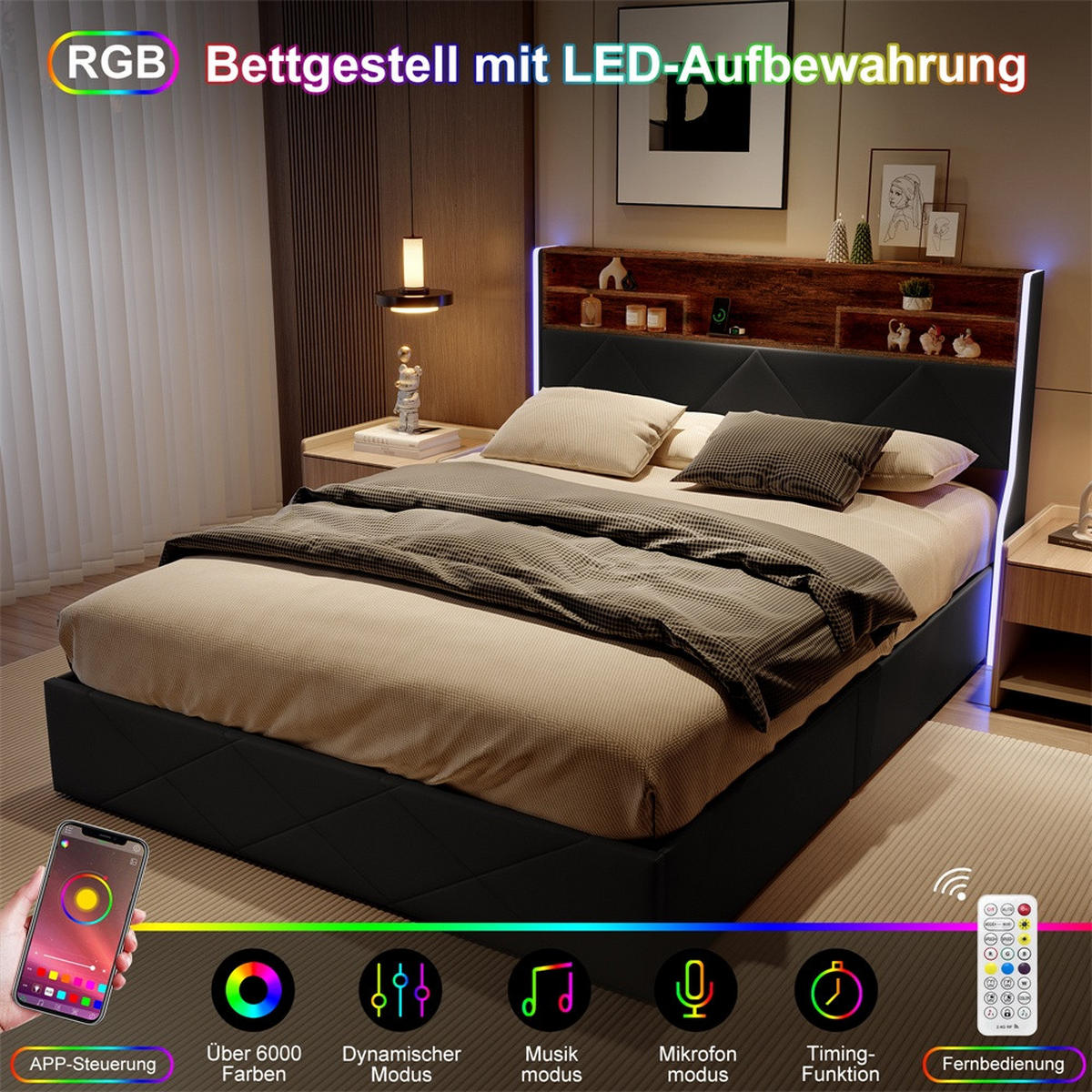 POLSTERBETT 140x200 cm mit LED-Beleuchtung - USB-Ladestation und hydraulischem Stauraum - Schwarz PU-Leder - Schwarz, Textil (140/200cm) - DELFA
