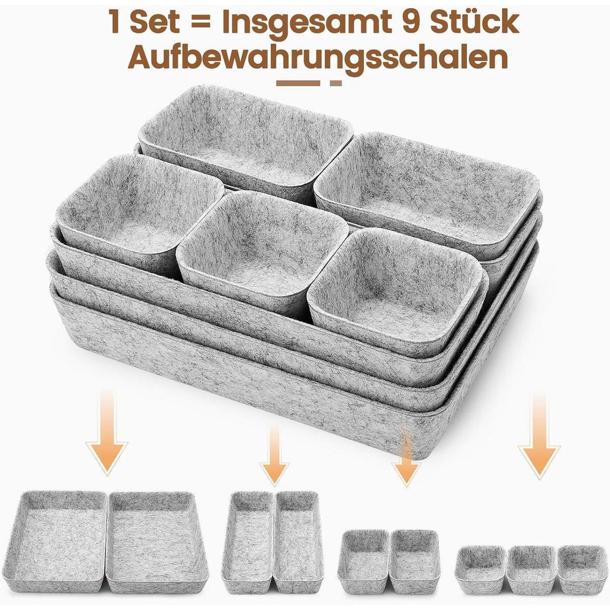 SCHUBLADEN Organizer 9-teiliges Set Filz Hellgrau - Grau, Textil (20/7/28cm)