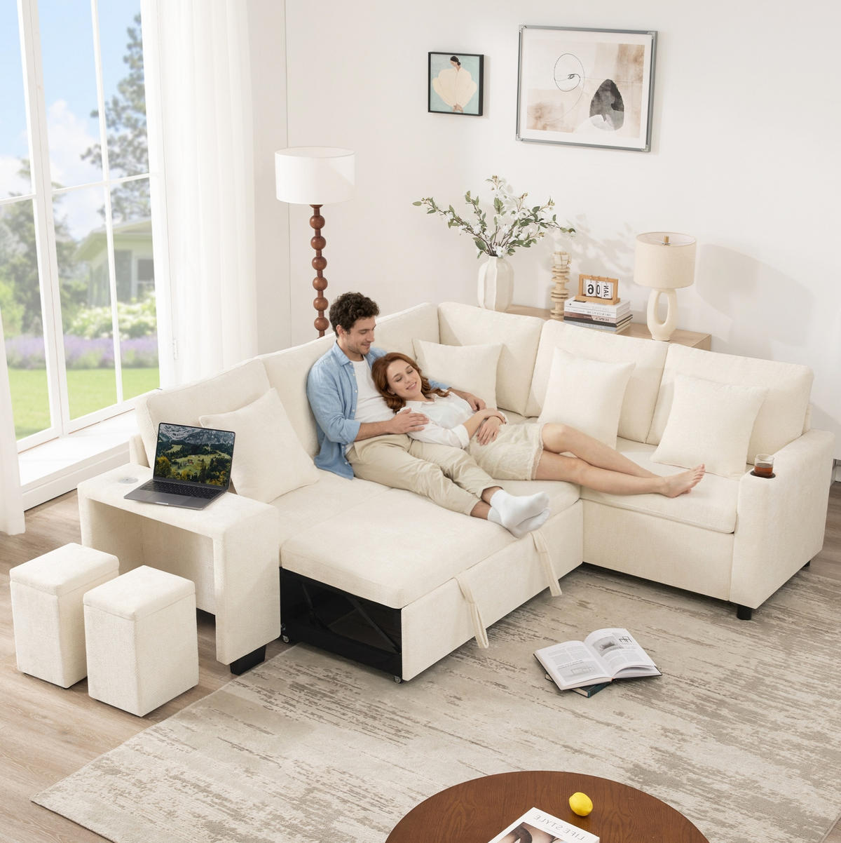 ECKSOFA 220/205/86,5 cm mit Schlaffunktion, Stauraum, Chenille-Bezug, USB- und USB-C-Anschluss, Beige - Beige, Textil (220/205cm) - Redom