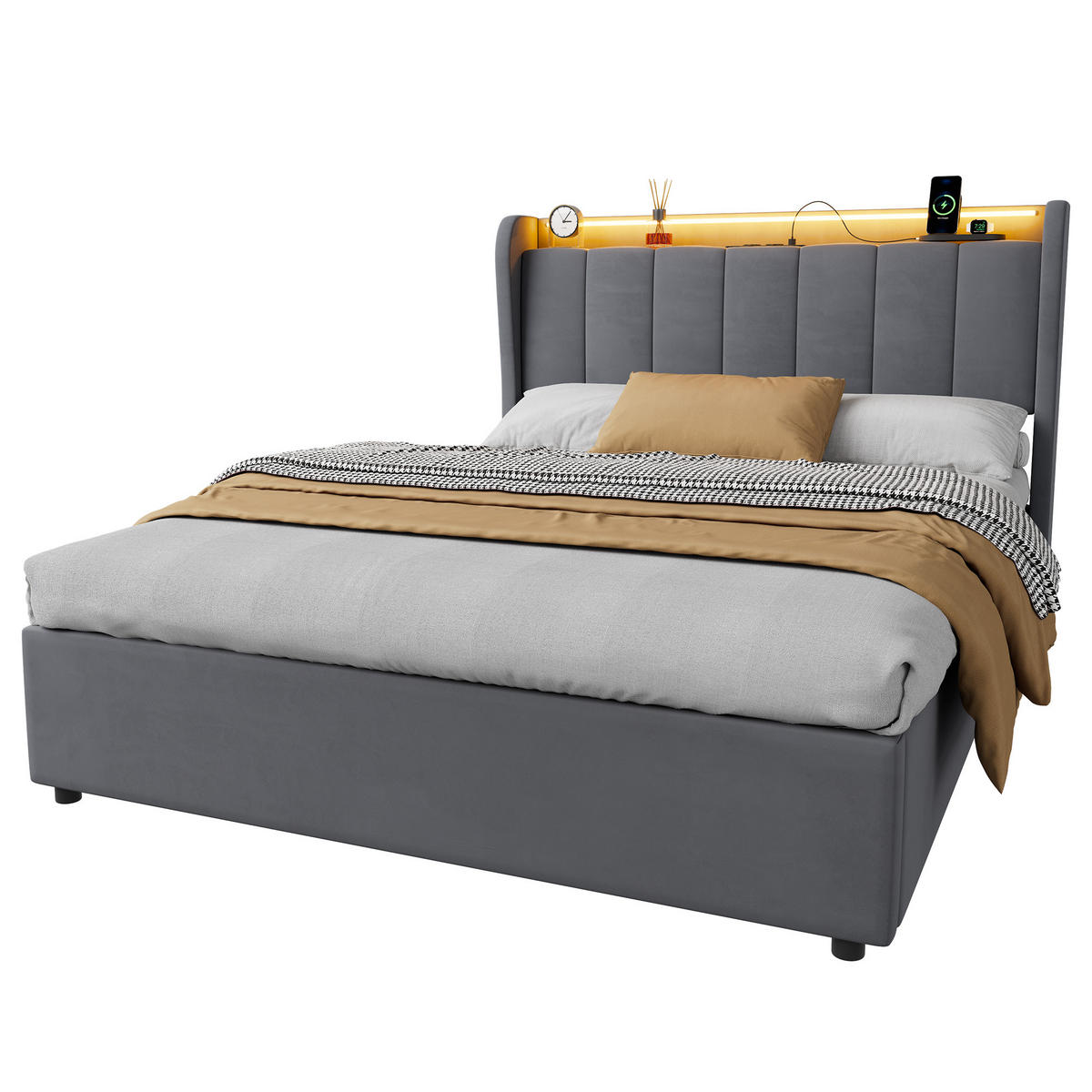 ČALOUNĚNÁ postel 140x190 cm tmavě šedá ze sametu s LED osvětlením, hydraulickým úložným boxem a nabíjecím konektorem - tmavě šedá, textil (140/190cm) - OKWISH
