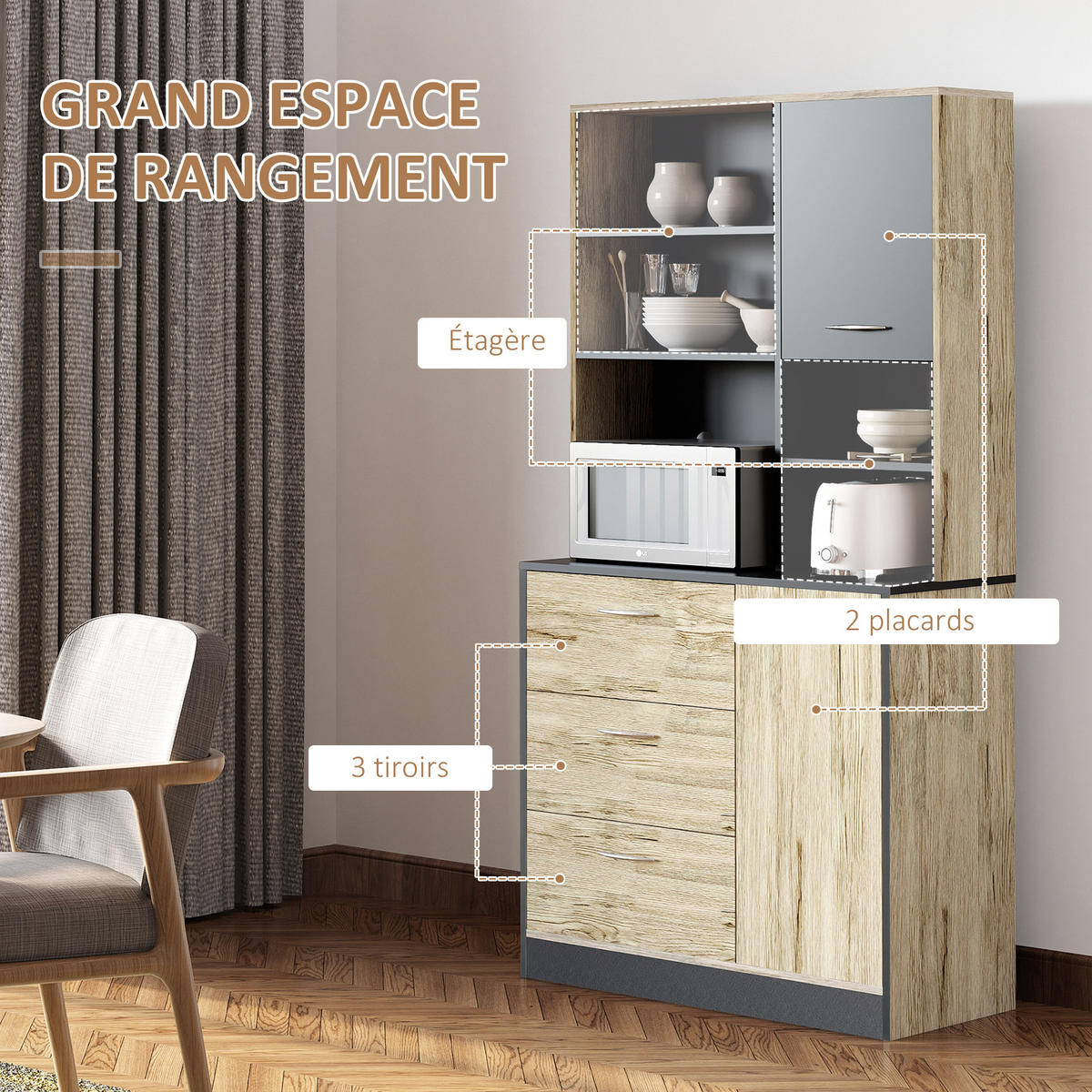 BUFFET DE-10992 2 Türen Eiche hell/Grau - Eichefarben, Holzwerkstoff (39/169/90cm) - ComfortXL