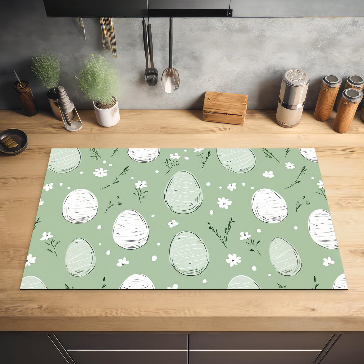 HERDABDECKPLATTE Grün - Eier - Muster Ceranfeldabdeckung 85x52 cm - Waldgrün, Kunststoff (85/52/0.2cm) - MuchoWow