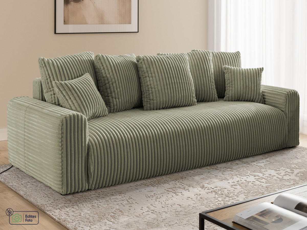 SCHLAFSOFA Calma mit Bettkasten im Bumpy-Design aus weichem Olive Plüschcord - Schwarz/Olivgrün, Holz/Kunststoff (239/88/98cm) - S-Style