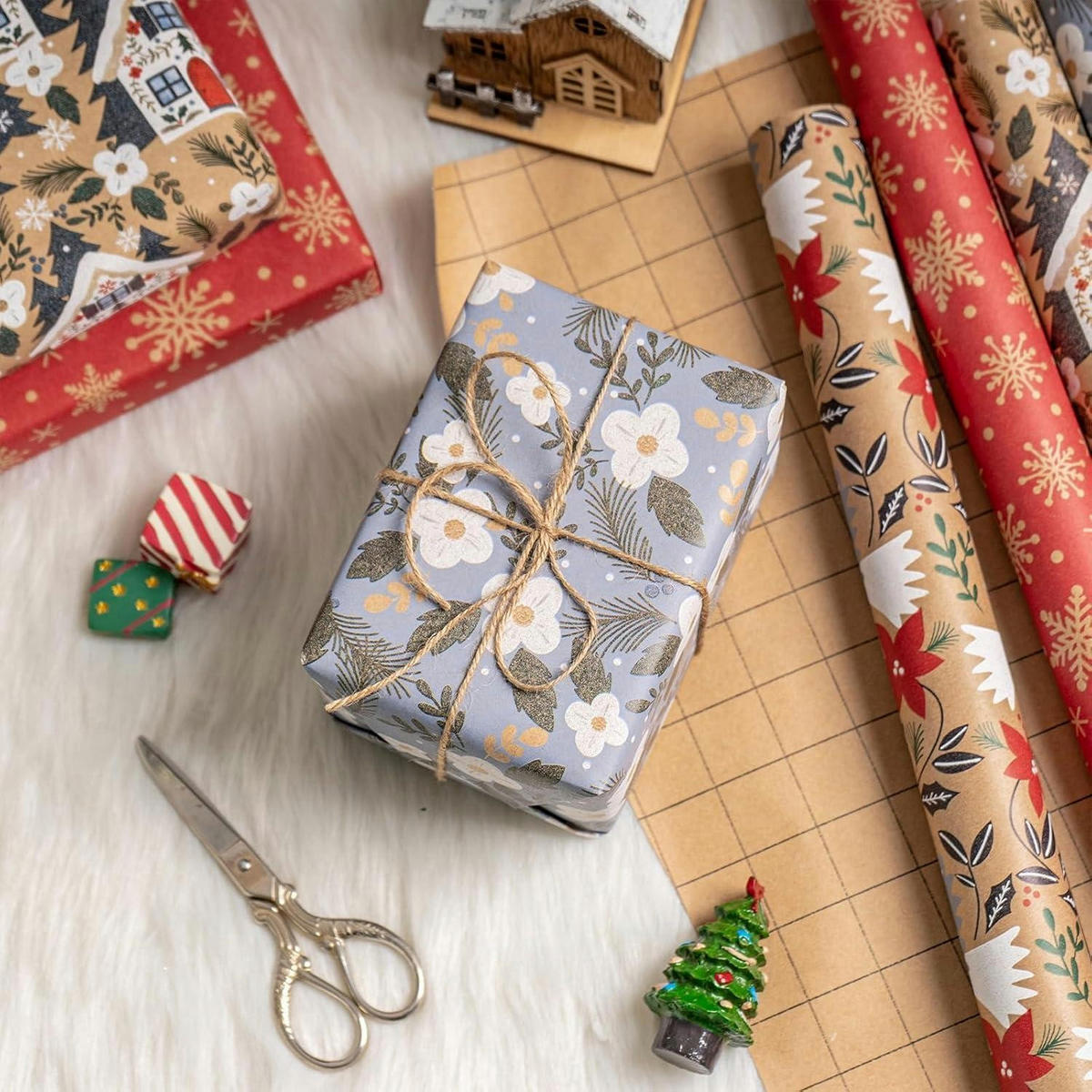 GESCHENKPAPIER 4 Rollen 43,5 x 305 cm Kraftpapier Weihnachtsmotive - Multicolor, Papier (4/44/15cm)