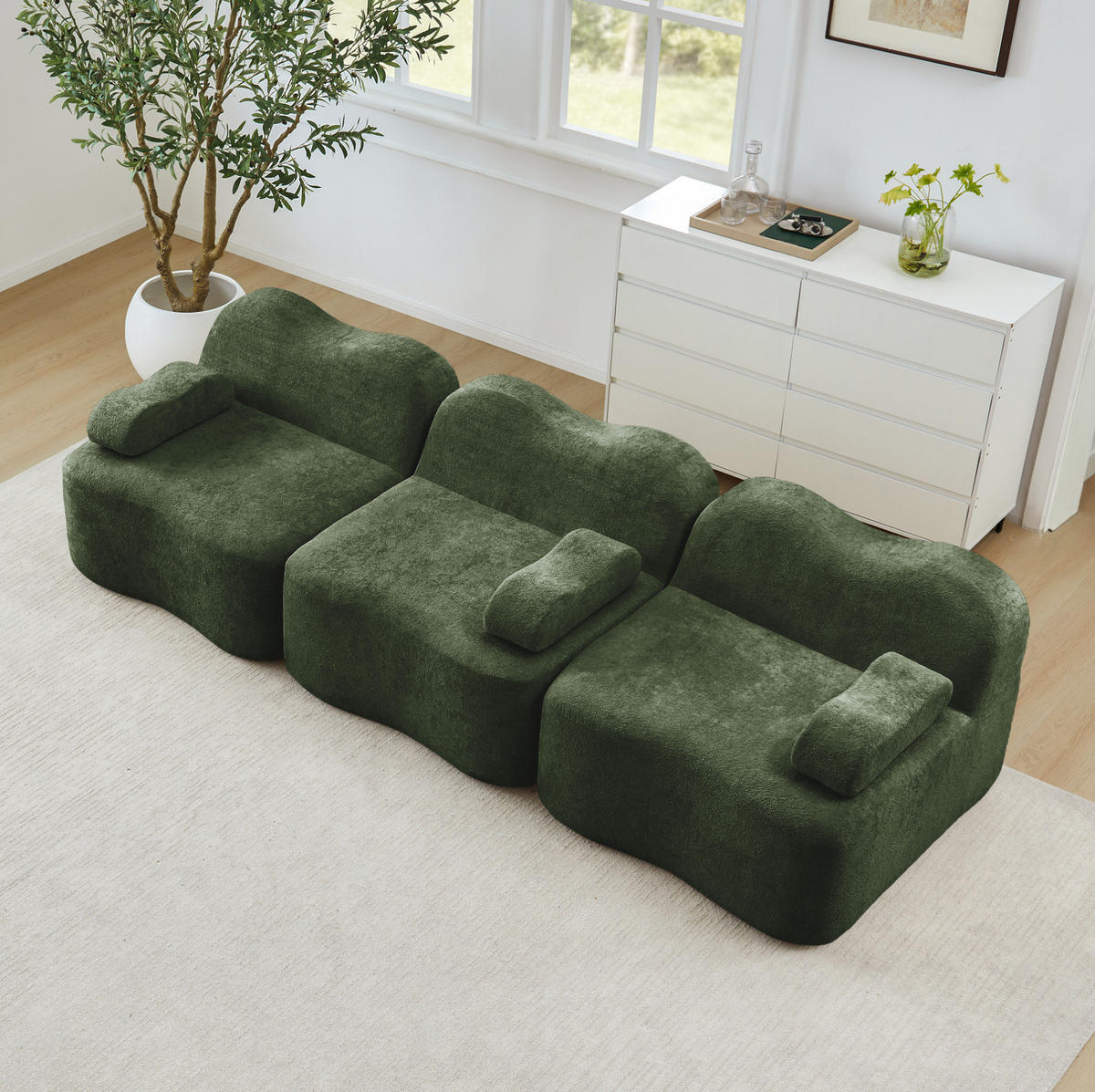 3-SITZER Modulares Sofa grün aus Samt mit tiefer Sitzfläche - Grün, Textil (98/70/288cm) - Modenvie
