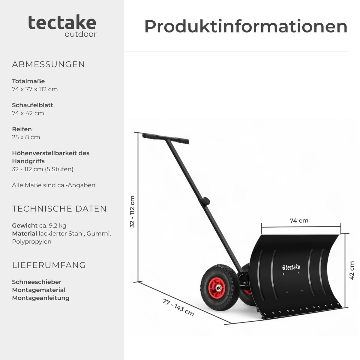 SCHNEESCHAUFEL auf Rädern Muttler,lackierter Stahl, Schaufelblatt 74 x 42 cm,schwarz/silber - Silberfarben/Schwarz, Metall (74/112/77cm) - tectake